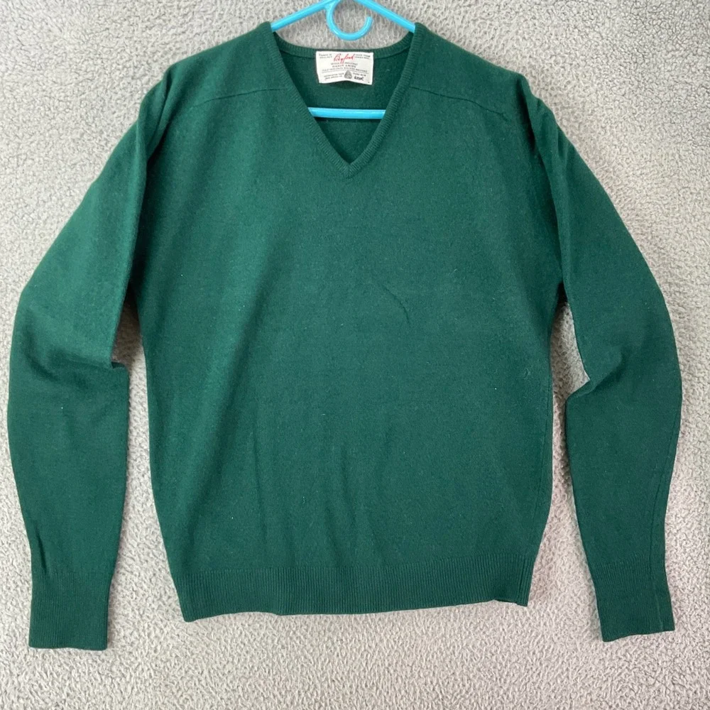 Byford V-Neck Sweater Mens 44 Green Excellent Lambswool Hardy Amies England